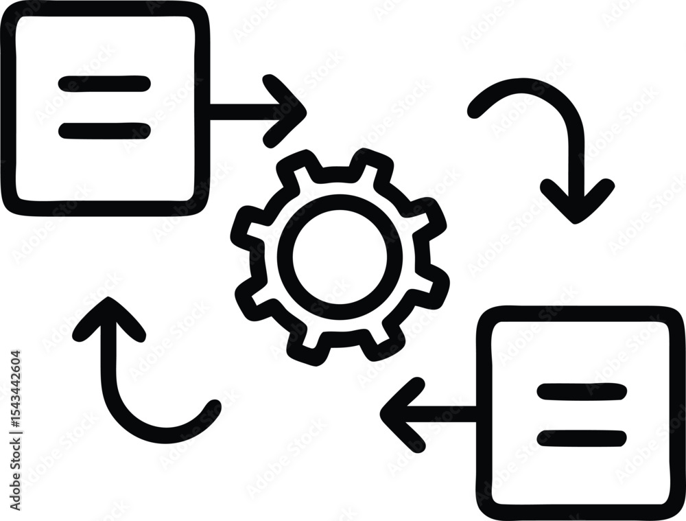 Poster workflow optimization line icon: process automation with gear, arrows, and squares. system, efficien