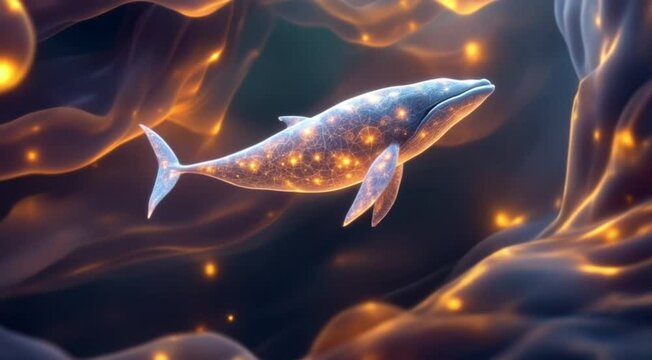 Abstract depiction of a luminous whale swimming through a celestial ocean