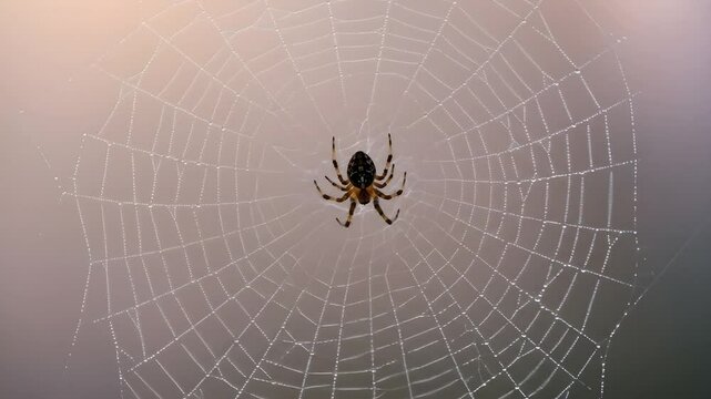 Close-up macro of spider on symmetrical web, predator in action with natural background
