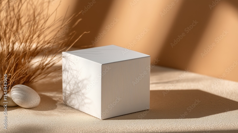 Poster minimalist box on textured beige surface with natural elements and shadow play