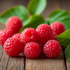 raspberries on wooden table