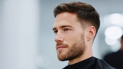 A stylish young man with a beard is captured in a modern barbershop. His confident look reflects a trendy haircut. This image emphasizes grooming and personal style. AI