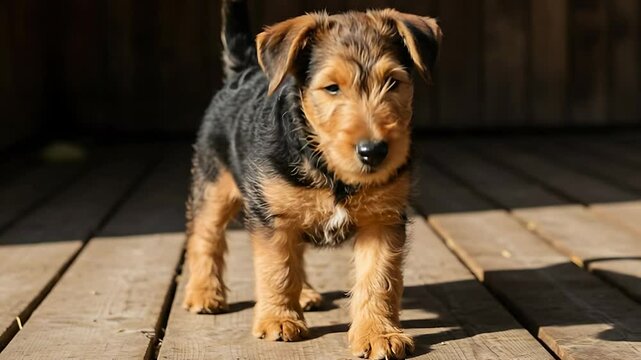 Adorable airedale terrier puppy portrait standing on a wooden deck in a sunny outdoor setting