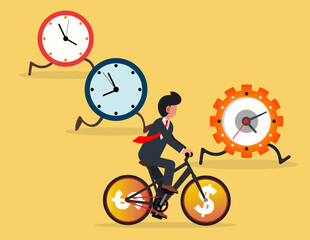 Race against time. A determined businessman rides his bicycle at full speed racing against time and chasing his goals.