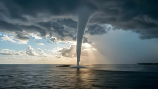 Tornado funnel cloud over ocean during thunderstorm, extreme weather over water