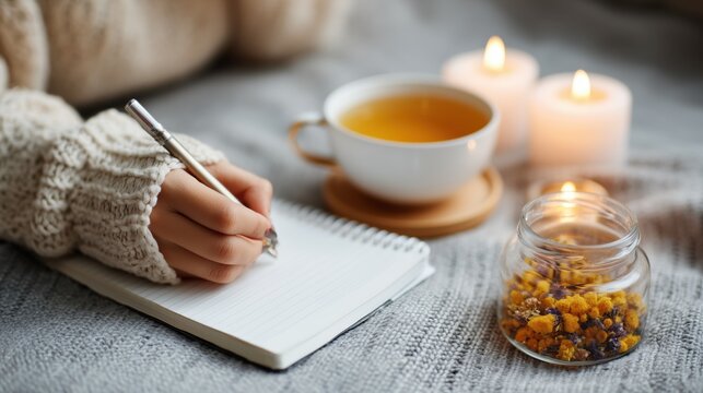 Cozy journaling scene with warm tea and candles on a soft blanket