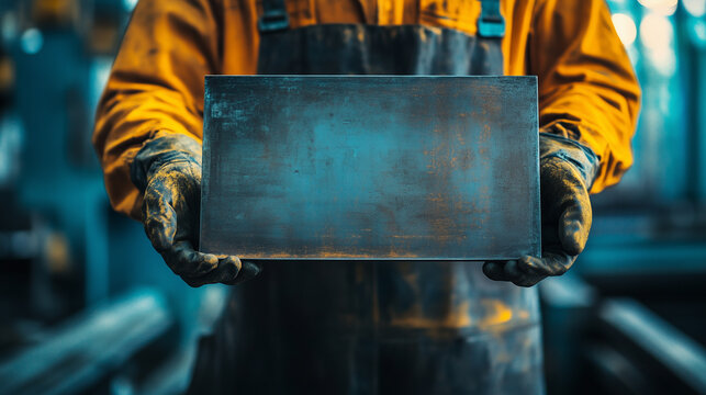 Industrial worker holding a metal plate in a manufacturing facility, symbolizing precision, labor, and heavy industry craftsmanship metal plate, factory worker, industrial labor, m
