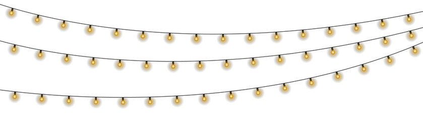 Twinkling fairy lights glow in soft amber. Golden garland loops around festive corner. Warm bulbs dangle on celebration wire. Holiday sparkle brightens the dark scene. © Felicety