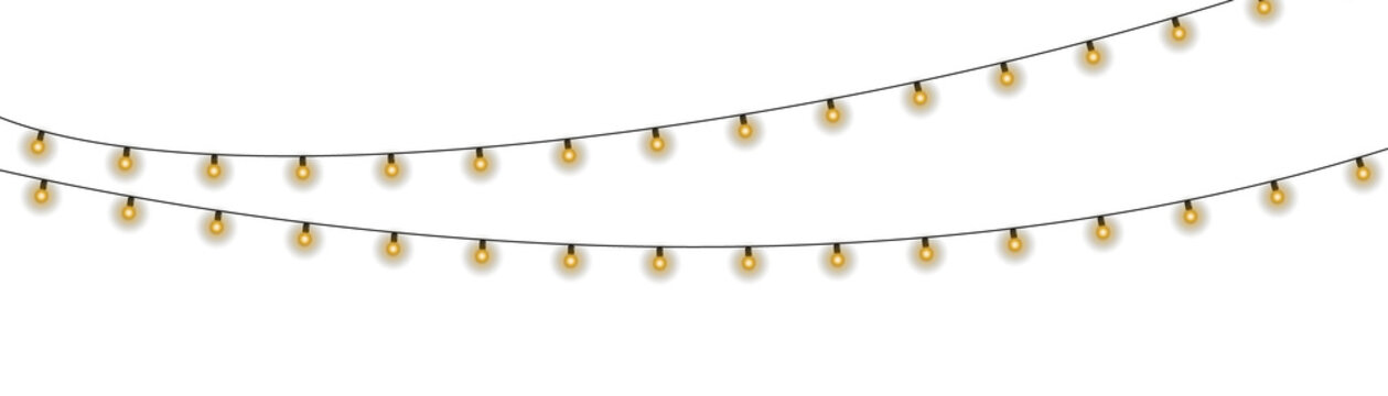 Twinkling fairy lights glow in soft amber. Golden garland loops around festive corner. Warm bulbs dangle on celebration wire. Holiday sparkle brightens the dark scene.