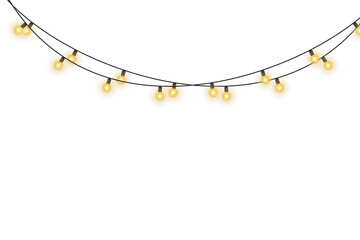 Shiny garland outlines New Year banner. Circle of light forms magical border. Soft yellow bulbs hang on thread. Twilight glow fills joyful evening sky.  © Felicety