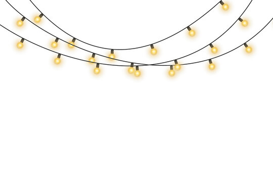 Twinkling fairy lights glow in soft amber. Golden garland loops around festive corner. Warm bulbs dangle on celebration wire. Holiday sparkle brightens the dark scene.