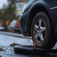 Black Car Tire on Tire Changing Machine with Spare Tire Nearby on Wet Street