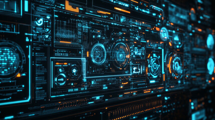 Fototapeta premium Digital smart industry concept with futuristic touchscreen interface, artificial intelligence and automation technology symbols smart industry, industry 4.0, AI, automation, digita