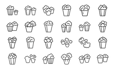 Minimalist black and white popcorn set icon collection for entertainment and cinema design
