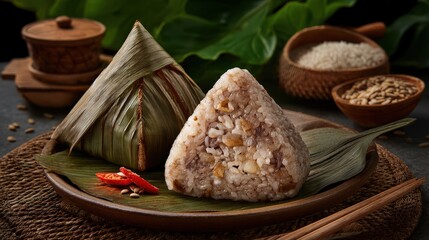 Traditional Asian Sticky Rice Dumpling with Leaf and Nuts on Wooden Plate