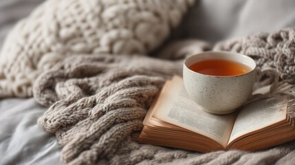 Cozy scene with a book, warm blanket, and cup of tea