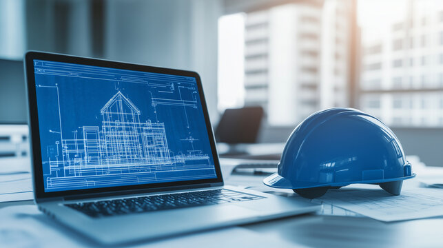 Modern architectural engineering workplace with laptop showing building blueprints and safety helmet on desk smart construction, engineering design, industrial technology, safety h