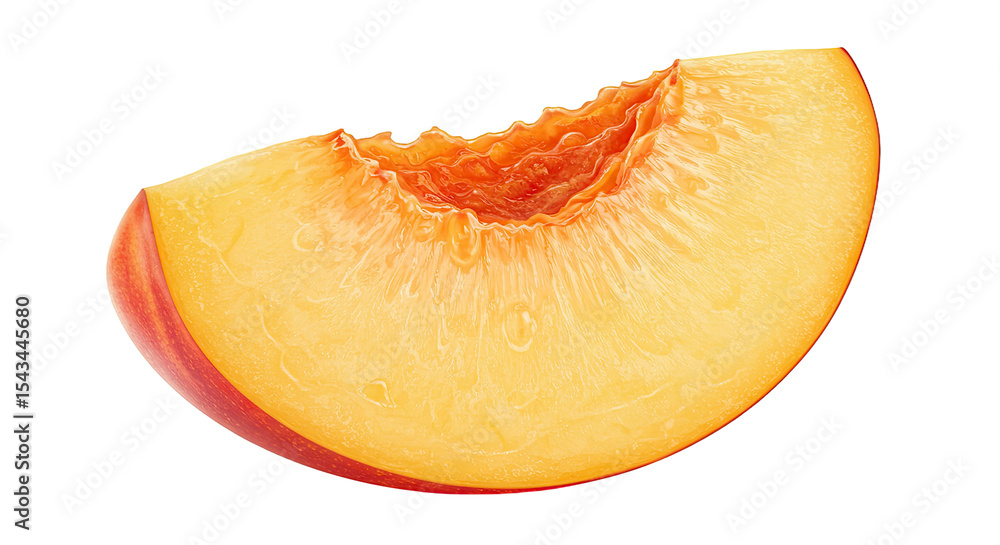 Poster close up of a fresh peach slice isolated on a solid black background