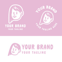 Fototapeta premium Playful pink cartoon girl logo with an expressive face. Ideal for creative kids' brands, personal logos, or product packaging. Fully editable EPS vector file included