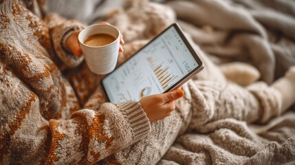Person using tablet for analytics while enjoying coffee on a cozy sofa