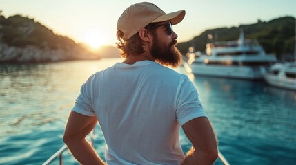 A man with a casual vibe stands on a boat, gazing at a breathtaking sunset over a picturesque harbor, embodying the spirit of adventure and relaxation in nature.