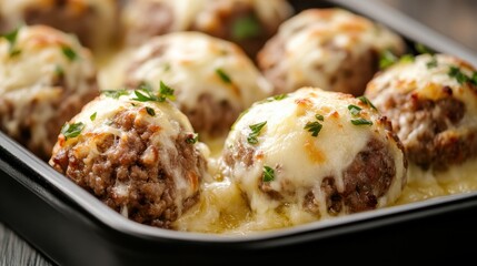 Fototapeta premium Deliciously baked meatballs topped with melted cheese, garnished with fresh herbs, presented in an appealing platter that showcases a homemade culinary delight.