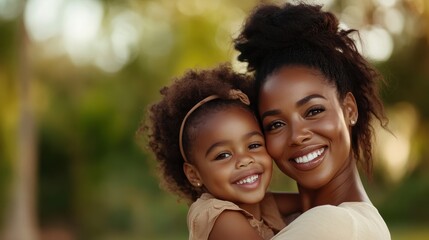 Fototapeta premium A joyful moment captured between a mother and her daughter who share a warm smile, expressing deep love and connection in a beautiful outdoor setting.