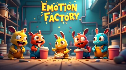 A whimsical "Emotion Factory" scene featuring five adorable, colorful bunny characters actively engaged in creating feelings.