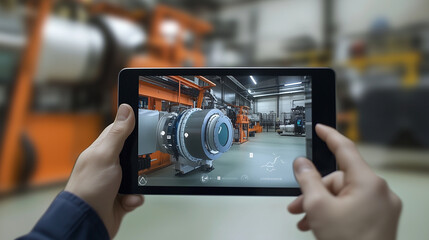 Hands holding tablet with augmented reality overlay for machine service in futuristic smart factory augmented reality, digital repair interface, factory maintenance, AR inspection,