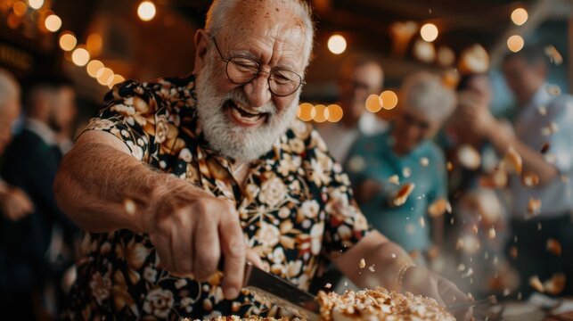 An elderly man joyfully cutting into a beautifully decorated cake at a festive celebration, emphasizing happiness and the joy of togetherness with family and friends.