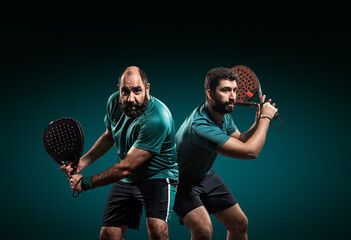 Two professional padel players with rackets on green background. Open social tournament template.