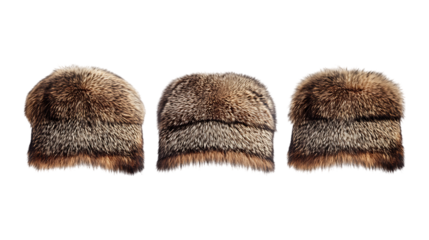 Pack Collection Three Luxurious Fur Trapper Hats Winter Fashion Accessory set against transparent background