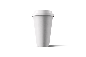 A plain, disposable coffee cup with a white lid, designed for beverages on the go.