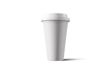 A plain, disposable coffee cup with a white lid, designed for beverages on the go.