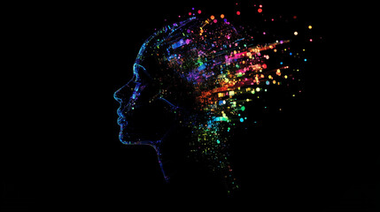 Fototapeta premium Futuristic human head silhouette composed of data streams, neural networks, and colorful AI nodes representing artificial intelligence and digital cognition artificial intelligence