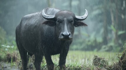 Naklejka premium Water buffalo standing in rain against a lush green background in nature