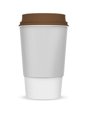 A simple, disposable coffee cup with a brown lid, typically used for serving hot beverages.