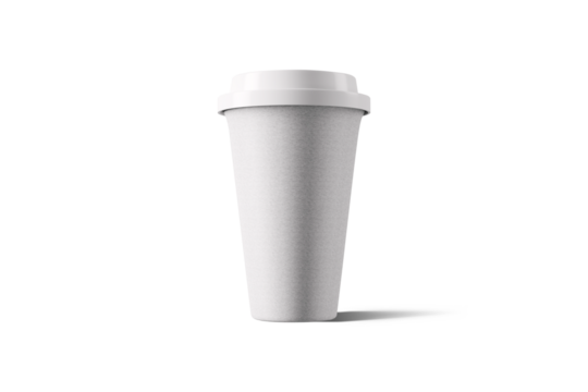 A plain, disposable coffee cup with a white lid, designed for beverages on the go.