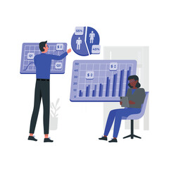 two people are standing in front of a large board with graphs on it