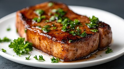 A delectable pork chop glazed to perfection and garnished with fresh herbs, creating a mouthwatering and enticing centerpiece for any meal.