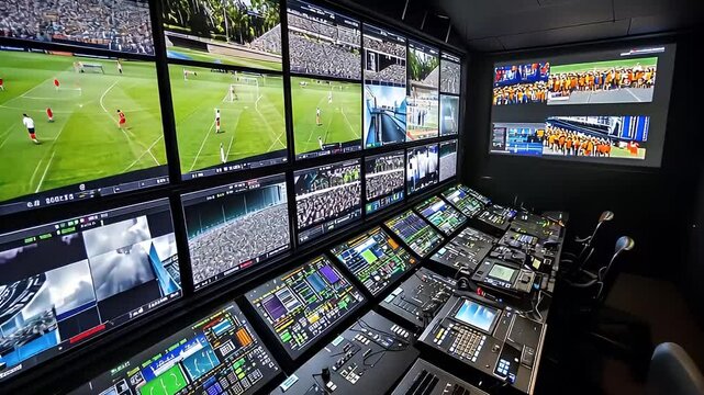 Interior View of a Television Control Room with Multiple Screens Displaying Live Sports Broadcast and Equipment - Powered by Adobe