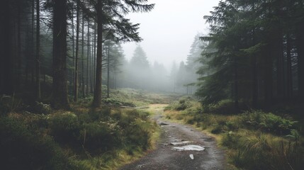 Obraz premium Serene forest path surrounded by tall trees on a foggy morning