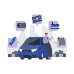 a man is sitting in front of a car with icons around it