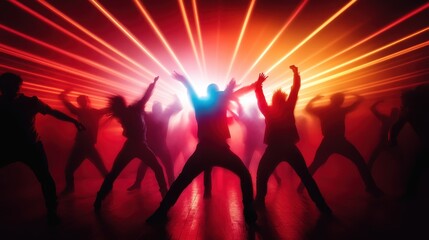 Silhouettes of dancers move energetically under a brilliant display of dynamic colored lights, capturing the vibrancy and energy of live performances and artistic expression.