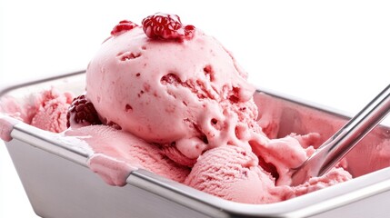 A close-up image of creamy raspberry ice cream with fresh berries showcases indulgence and delight, inviting viewers to enjoy a sweet treat on a hot day.