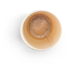 A top-down view of a cup of coffee, showcasing its rich color and frothy surface.