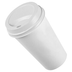 A plain white disposable coffee cup with a lid, often used for hot beverages on-the-go.