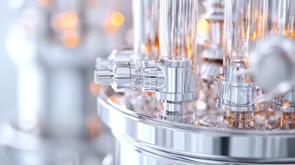 Closeup of distillation tower with shiny metallic valves and pipes, showcasing intricate details and reflections