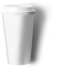 A plain white disposable cup with a lid, typically used for beverages like coffee or tea.