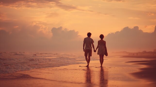 Romantic couple walking on beach at sunset holding hands love relationship honeymoon vacation travel destination
